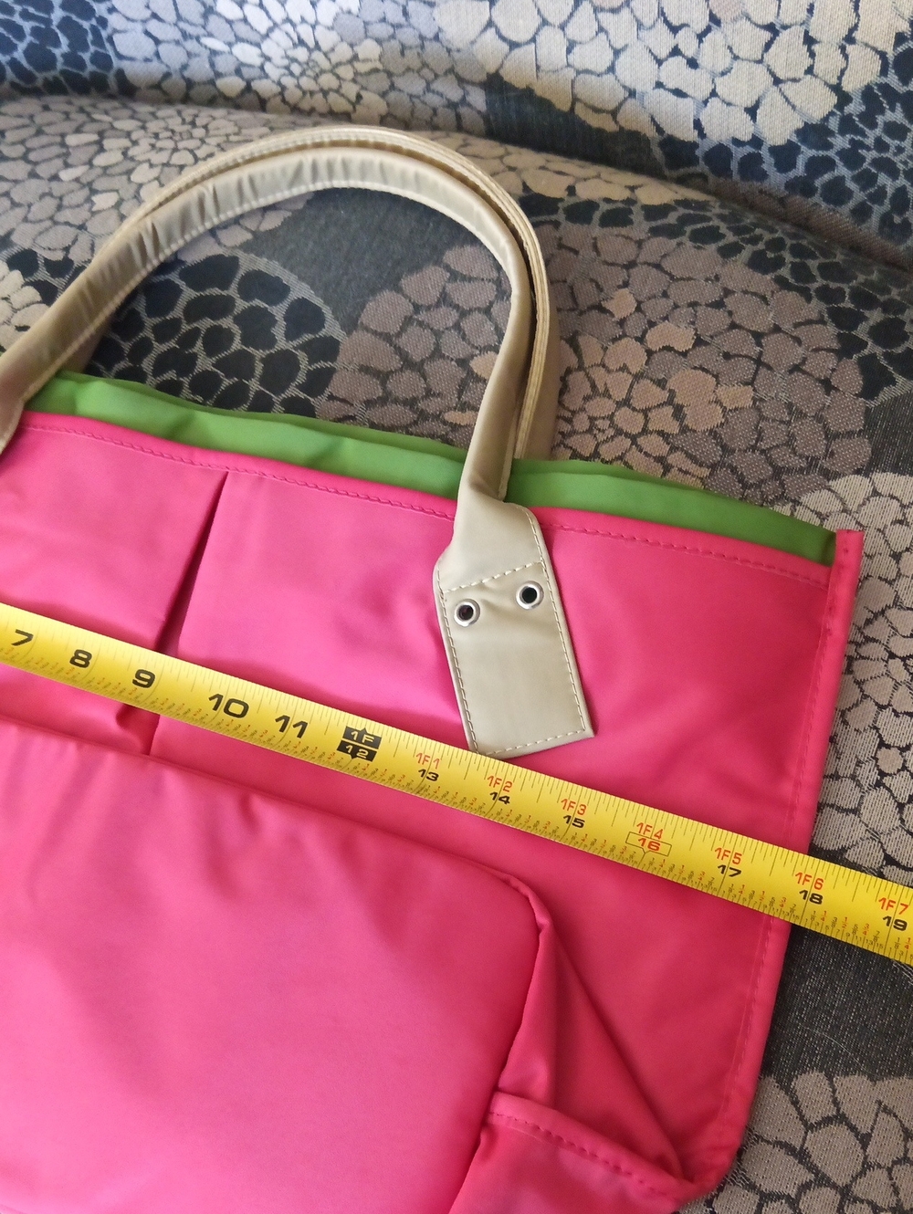 18x12x6" Waterproof Hot Pink & Apply Green Tote Bag with Tan Handles - Picture 10 of 13